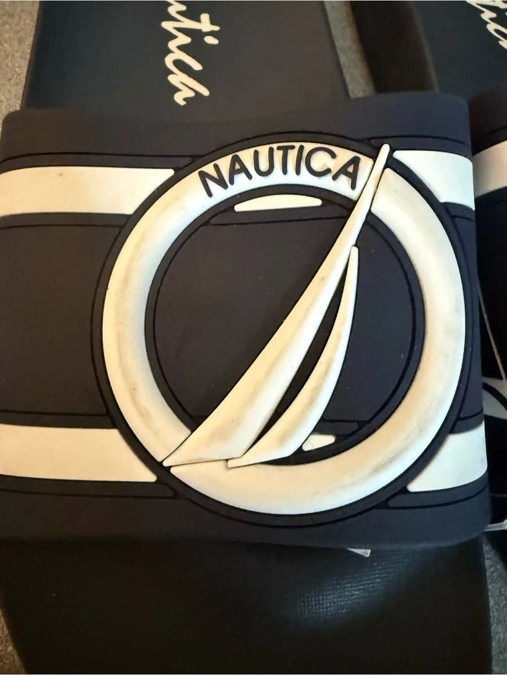 Nautica Women's Navy and White Slide Sandals with Sail Emblem